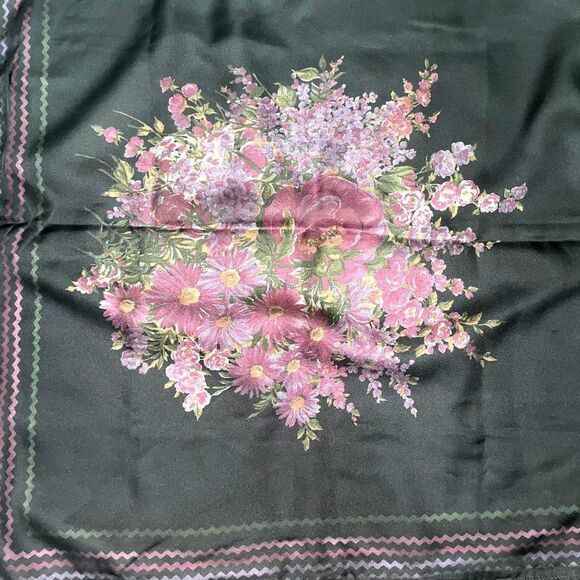 Vintage Peasant Scarf Black Cotton with Pink Floral 32 x 32 inch - Picture 6 of 6